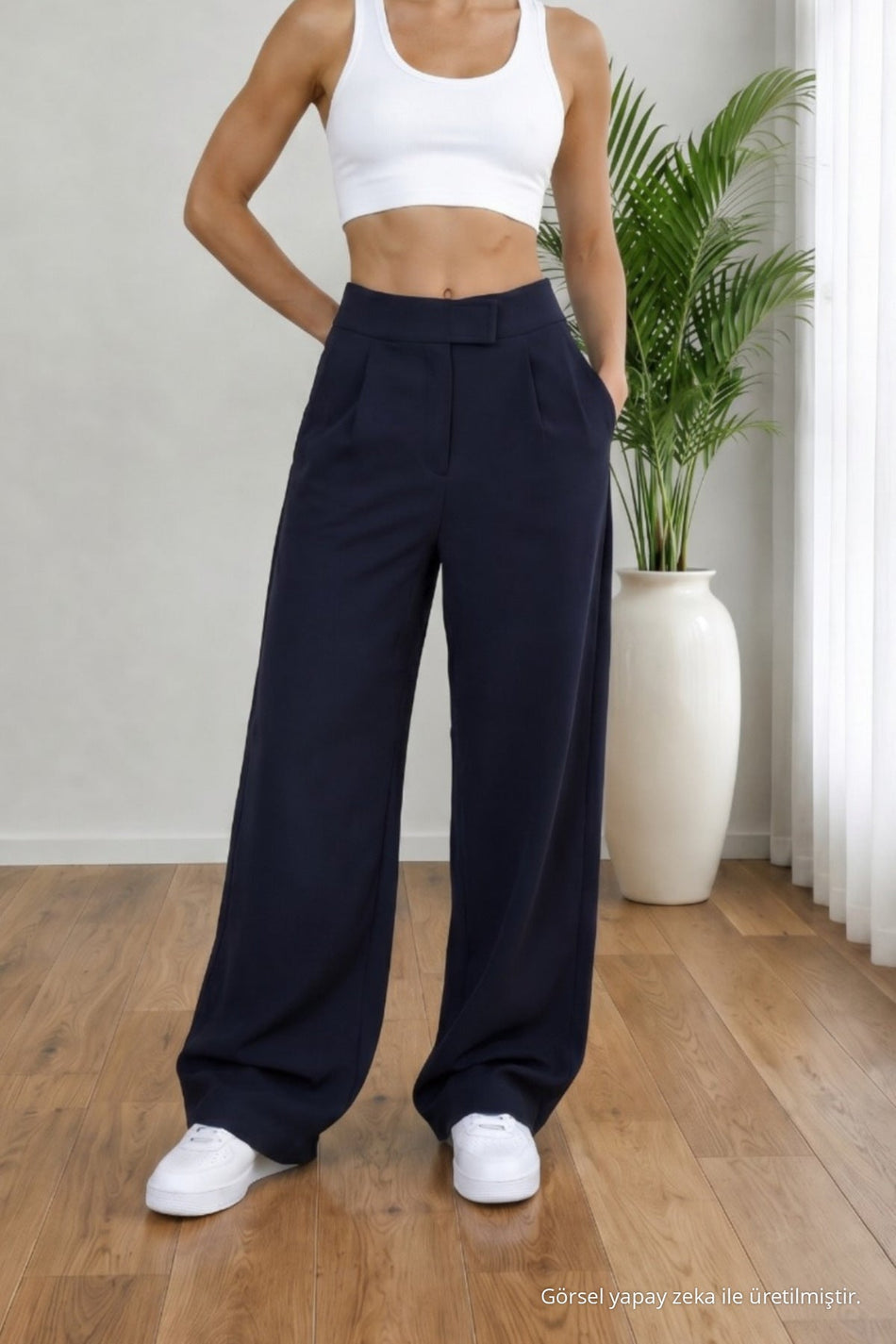 Women's High Waist Lycra Velcro Closure Wide Leg Loose Palazzo Navy Blue - MALLTURK