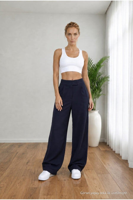 Women's High Waist Lycra Velcro Closure Wide Leg Loose Palazzo Navy Blue - MALLTURK