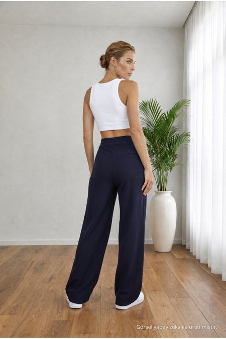 Women's High Waist Lycra Velcro Closure Wide Leg Loose Palazzo Navy Blue - MALLTURK