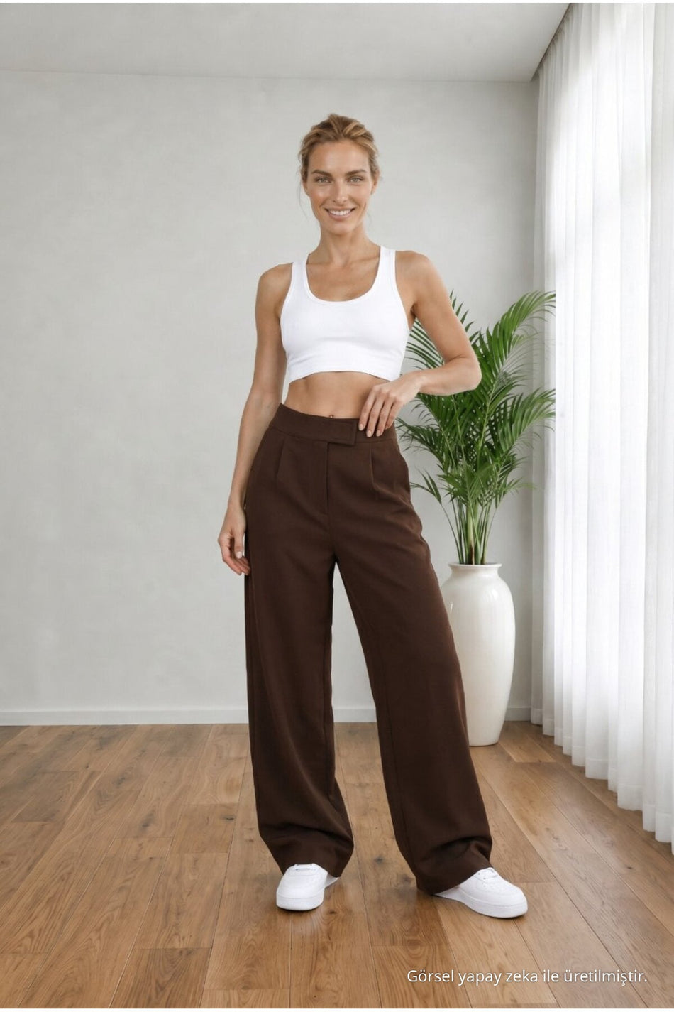 Women's High Waist Lycra Velcro Closure Wide Leg Loose Palazzo Pants BROWN - MALLTURK