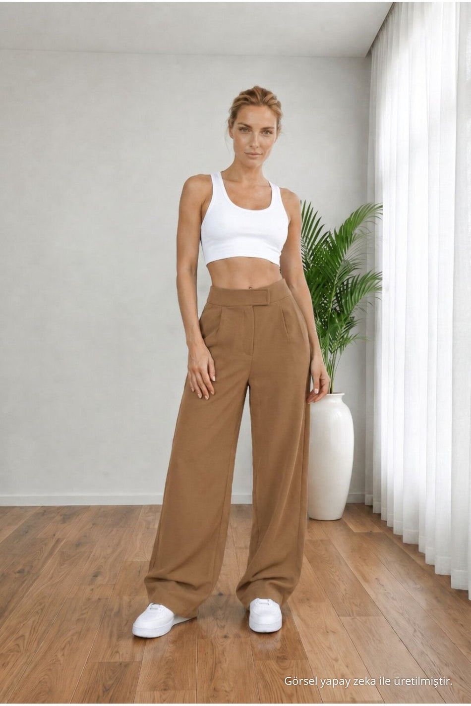 Women's High Waist Lycra Velcro Closure Wide Leg Loose Palazzo Pants in Ecru - MALLTURK