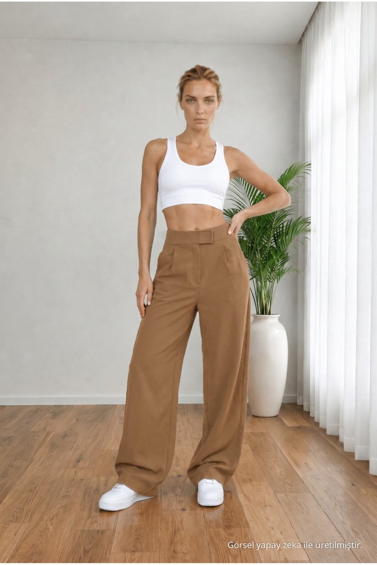 Women's High Waist Lycra Velcro Closure Wide Leg Loose Palazzo Skirt in Mink Color - MALLTURK