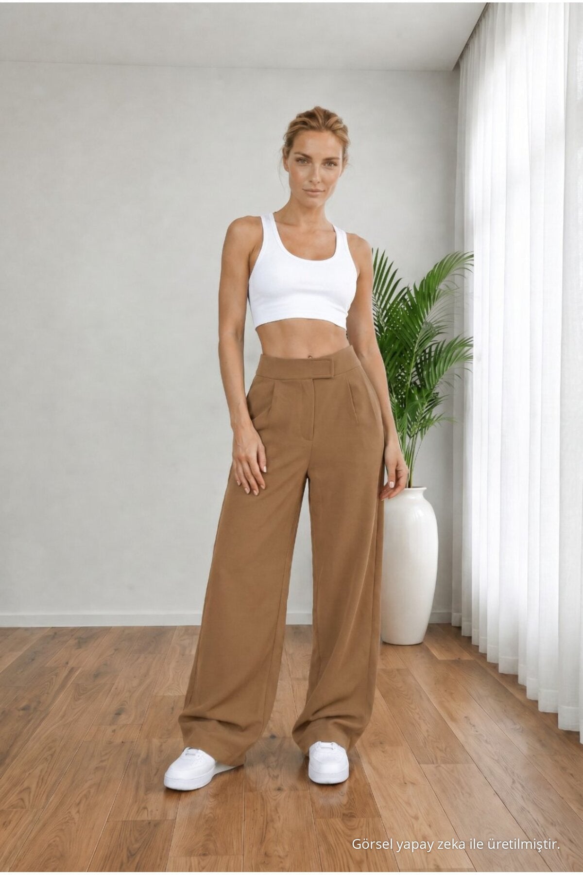 Women's High Waist Lycra Velcro Closure Wide Leg Loose Palazzo Skirt in Mink Color - MALLTURK