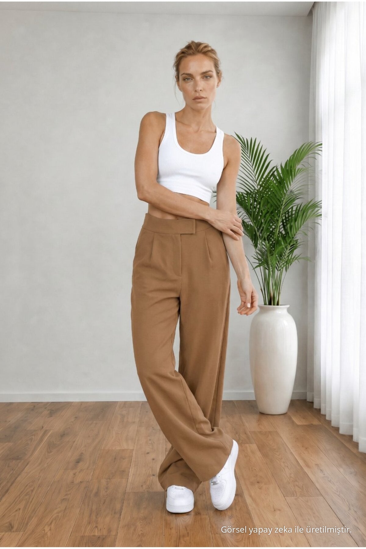 Women's High Waist Lycra Velcro Closure Wide Leg Loose Palazzo Skirt in Mink Color - MALLTURK