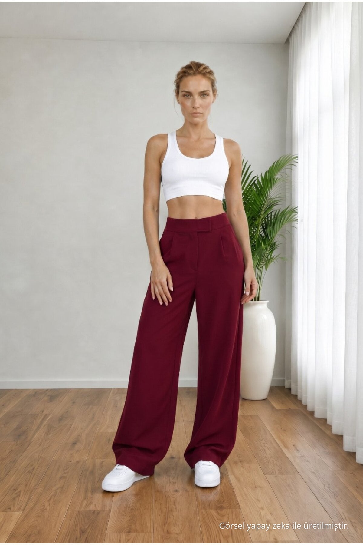 Women's High Waist Lycra Wide Leg Loose Fit Palazzo Pants with Velcro Closure, BURGUNDY - MALLTURK