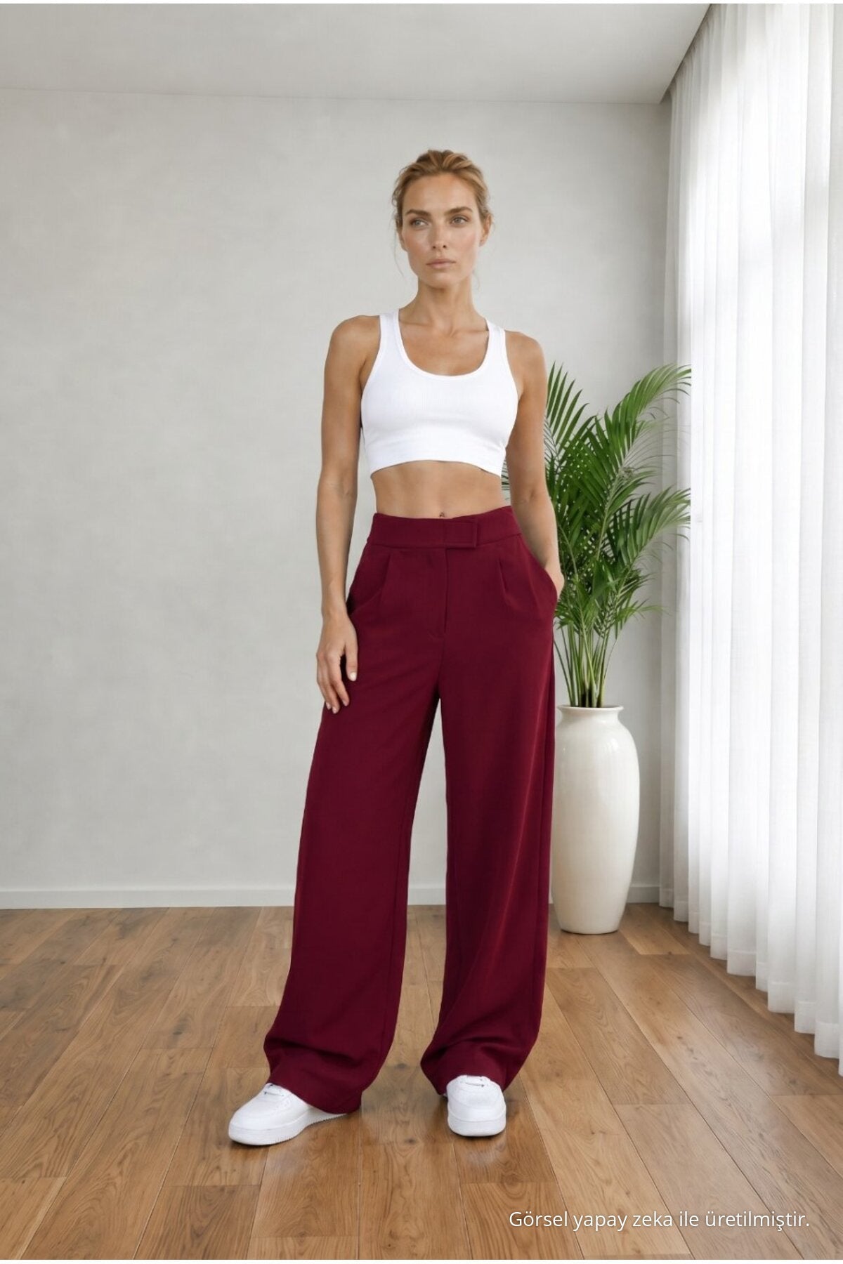 Women's High Waist Lycra Wide Leg Loose Fit Palazzo Pants with Velcro Closure, BURGUNDY - MALLTURK