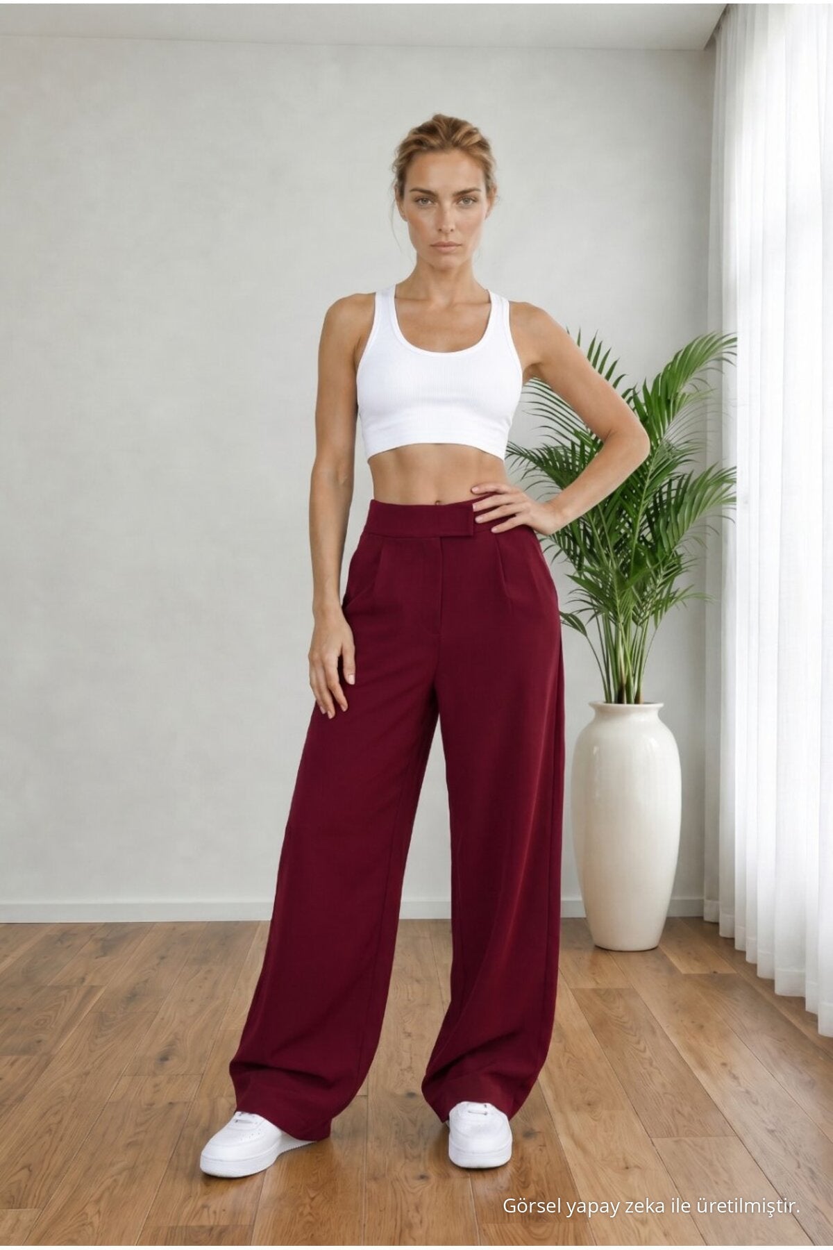 Women's High Waist Lycra Wide Leg Loose Fit Palazzo Pants with Velcro Closure, BURGUNDY - MALLTURK