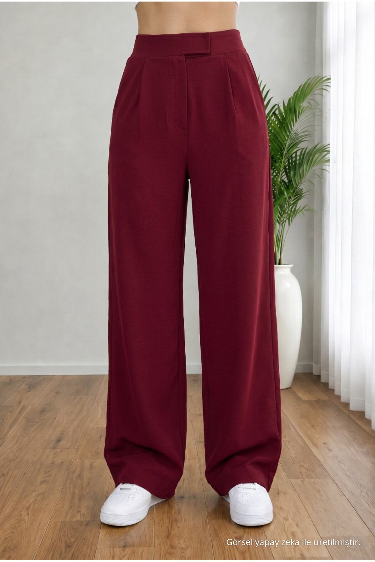 Women's High Waist Lycra Wide Leg Loose Fit Palazzo Pants with Velcro Closure, BURGUNDY - MALLTURK