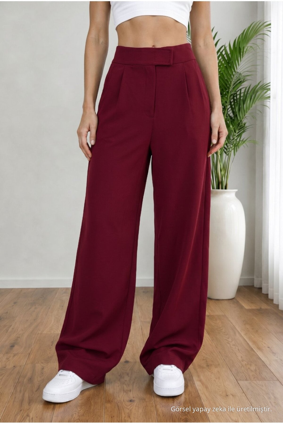 Women's High Waist Lycra Wide Leg Loose Fit Palazzo Pants with Velcro Closure, BURGUNDY - MALLTURK