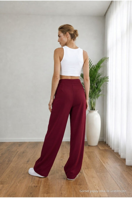 Women's High Waist Lycra Wide Leg Loose Fit Palazzo Pants with Velcro Closure, BURGUNDY - MALLTURK