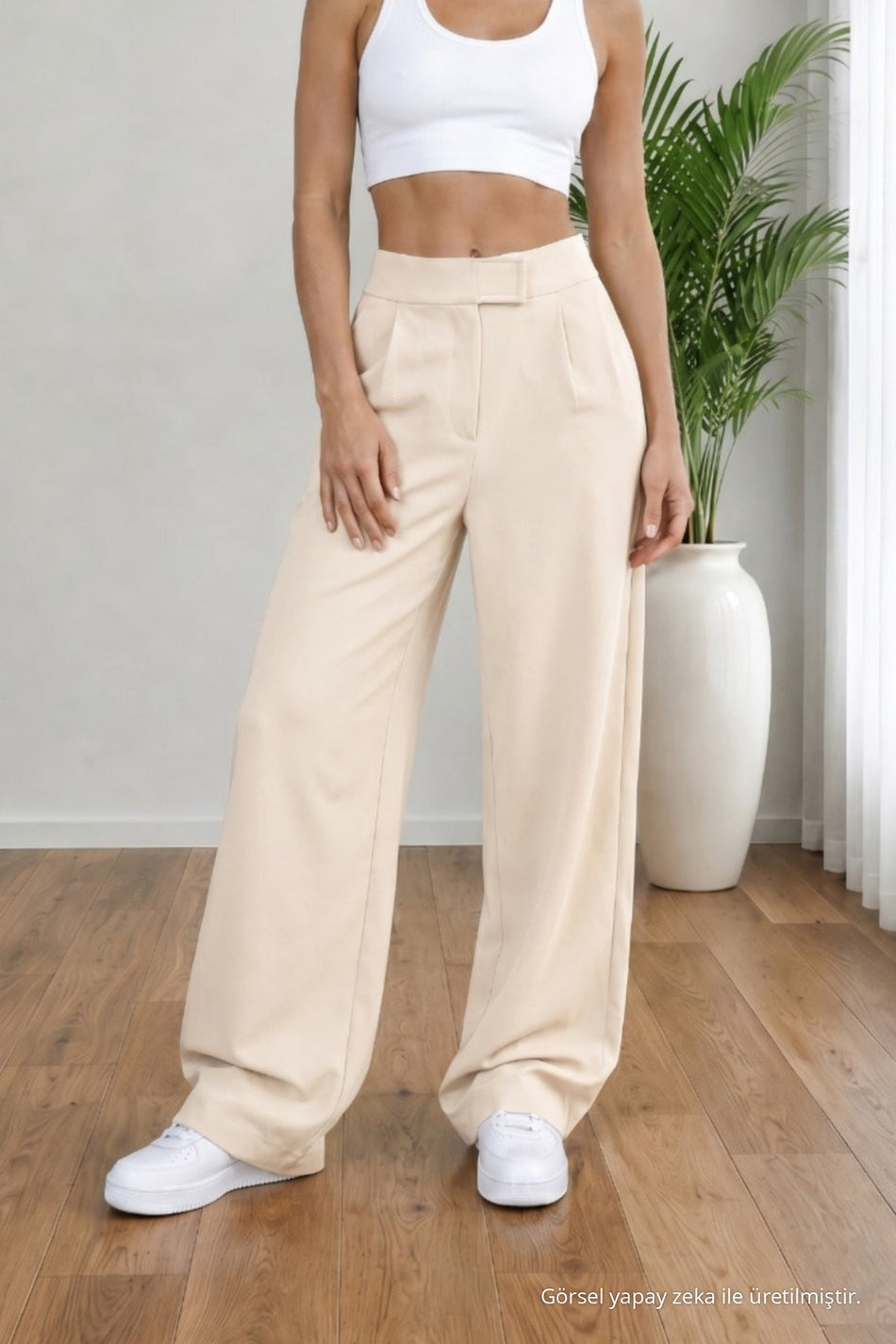 Women's High Waist Lycra Wide Leg Loose Palazzo Pants with Velcro Closure, Beige - MALLTURK