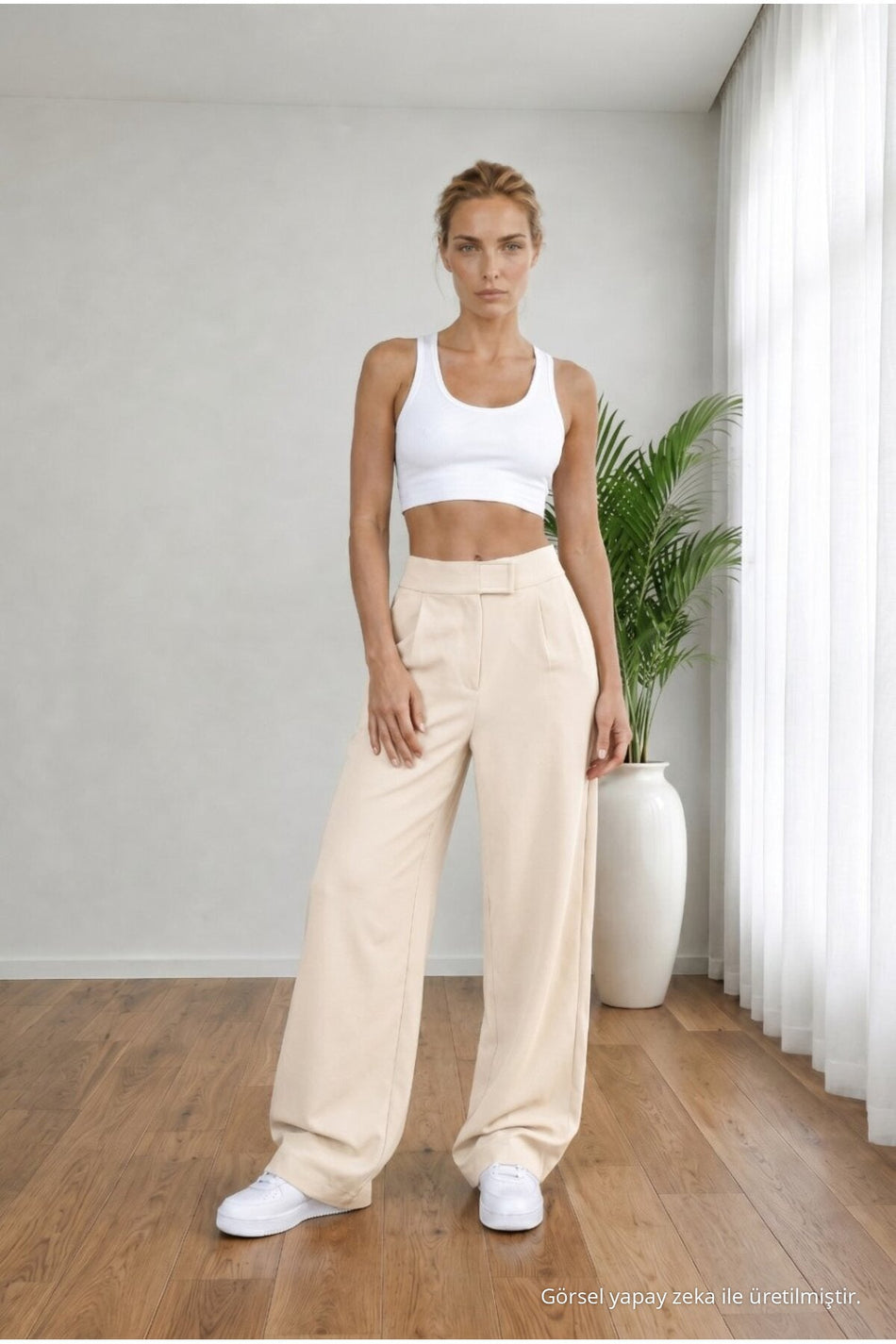 Women's High Waist Lycra Wide Leg Loose Palazzo Pants with Velcro Closure, Beige - MALLTURK