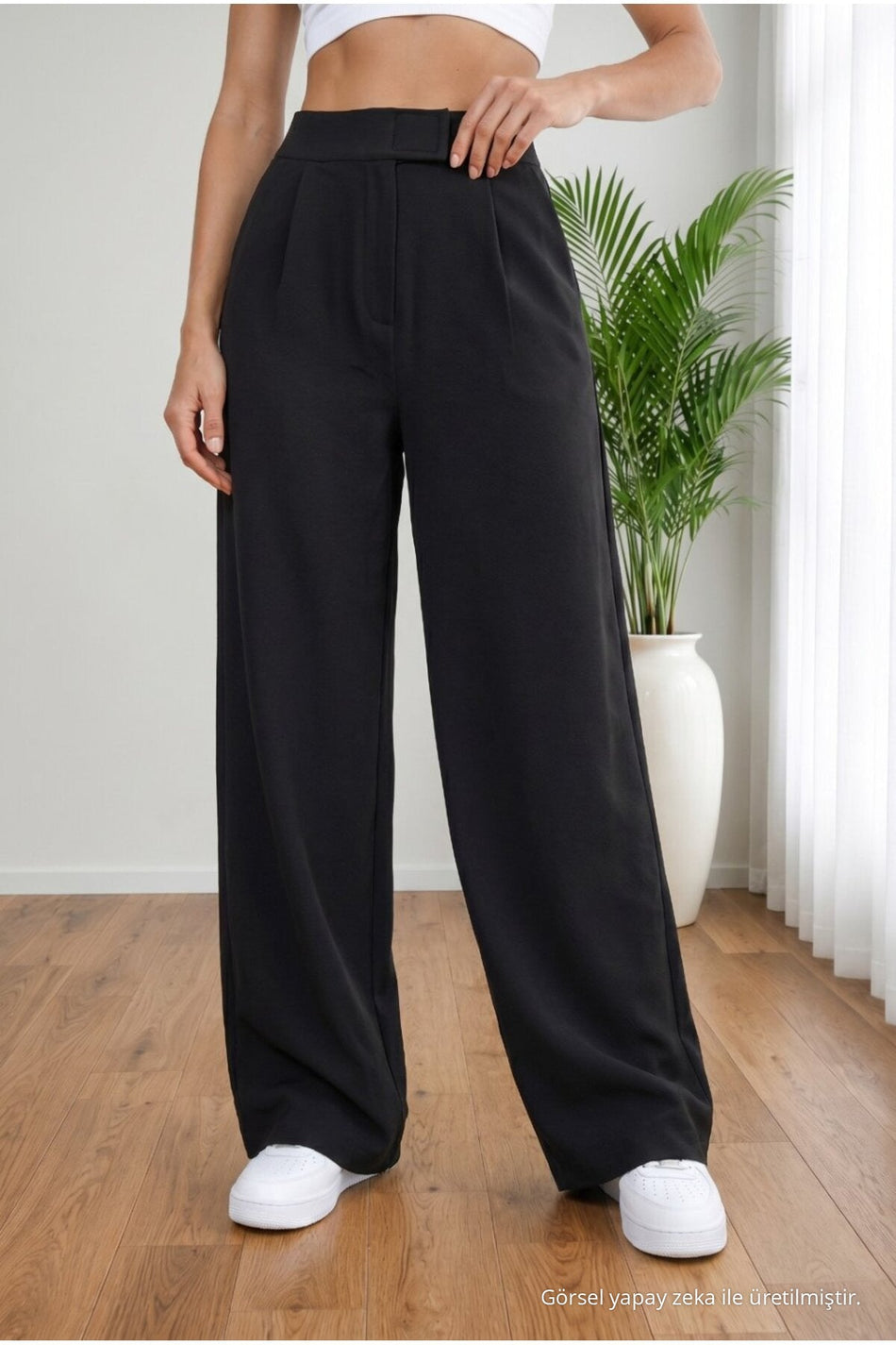 Women's High Waist Lycra Wide Leg Loose Palazzo Pants with Velcro Closure, BLACK - MALLTURK