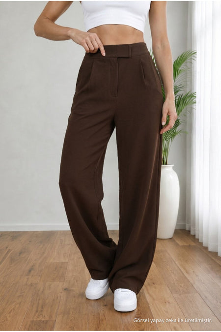 Women's High Waist Lycra Wide Leg Loose Palazzo Pants with Velcro Closure, Brown - MALLTURK