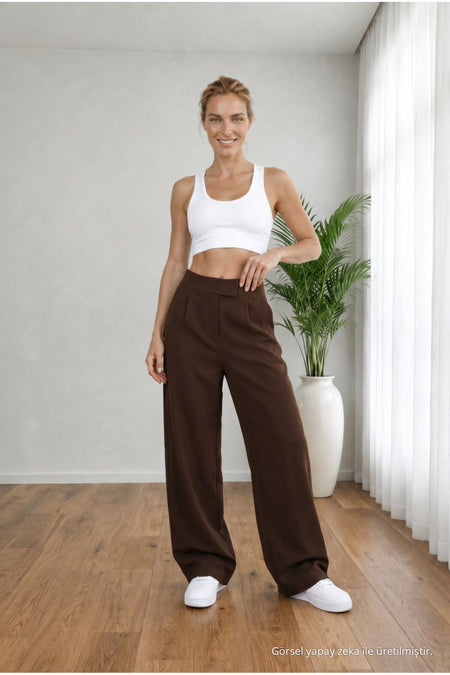 Women's High Waist Lycra Wide Leg Loose Palazzo Pants with Velcro Closure, Brown - MALLTURK