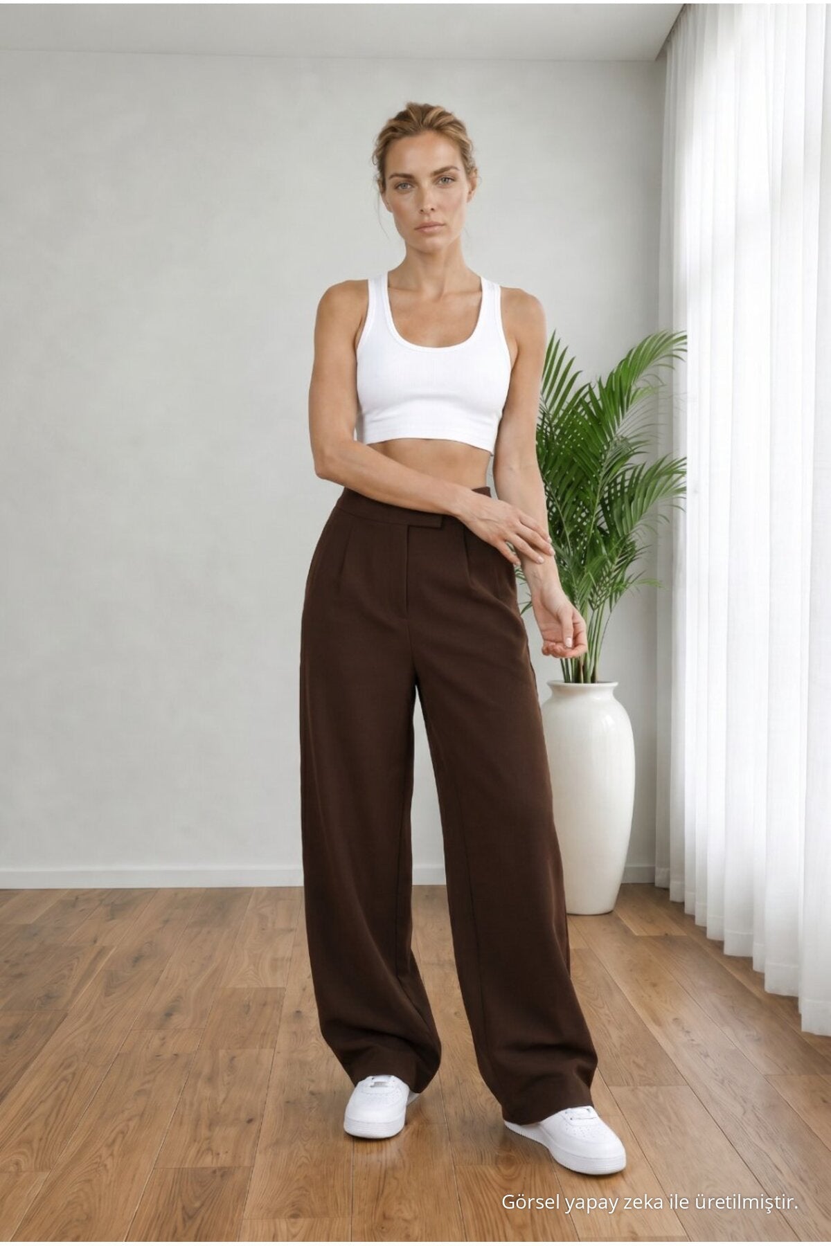 Women's High Waist Lycra Wide Leg Loose Palazzo Pants with Velcro Closure, Brown - MALLTURK