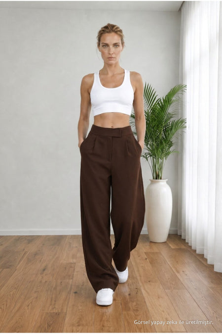 Women's High Waist Lycra Wide Leg Loose Palazzo Pants with Velcro Closure, Brown - MALLTURK