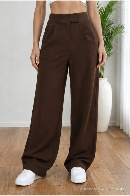 Women's High Waist Lycra Wide Leg Loose Palazzo Pants with Velcro Closure, Brown - MALLTURK