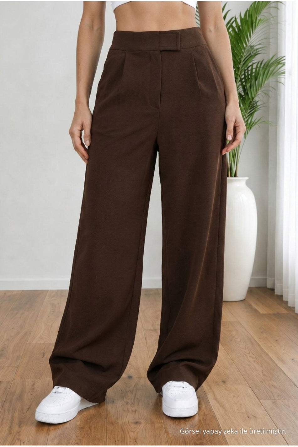 Women's High Waist Lycra Wide Leg Loose Palazzo Pants with Velcro Closure, Brown - MALLTURK