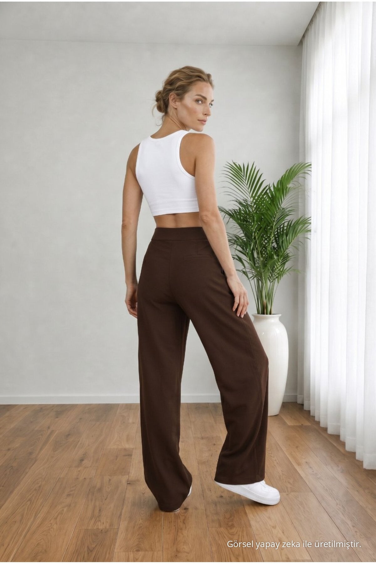 Women's High Waist Lycra Wide Leg Loose Palazzo Pants with Velcro Closure, Brown - MALLTURK