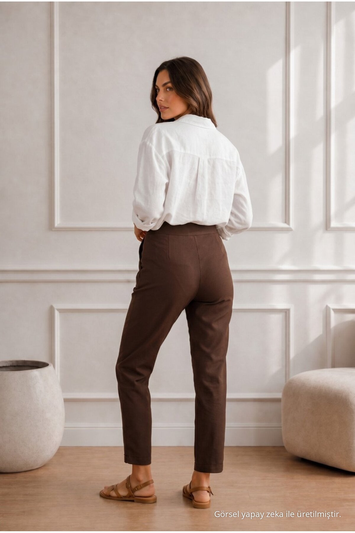 Women's High Waist Lycra/Stretch Carrot Cut Fabric Trousers COFFEE - MALLTURK
