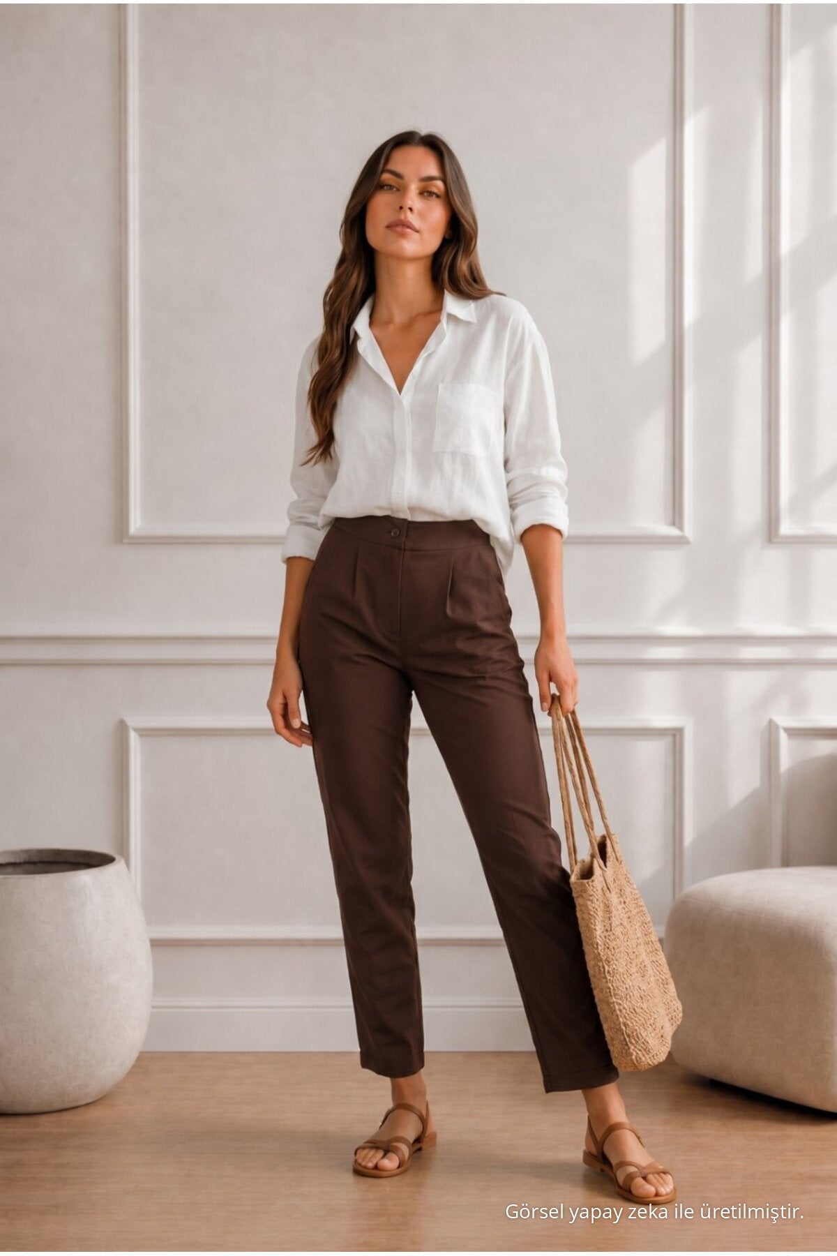 Women's High Waist Lycra/Stretch Carrot Cut Fabric Trousers COFFEE - MALLTURK