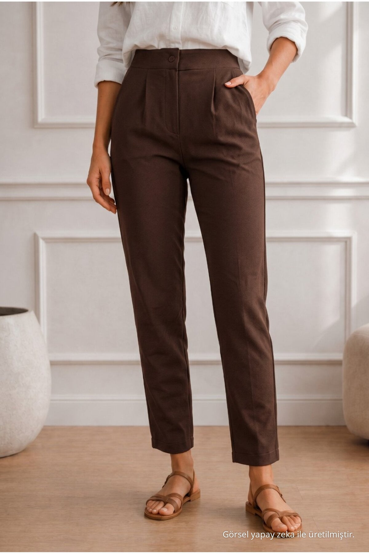 Women's High Waist Lycra/Stretch Carrot Cut Fabric Trousers COFFEE - MALLTURK