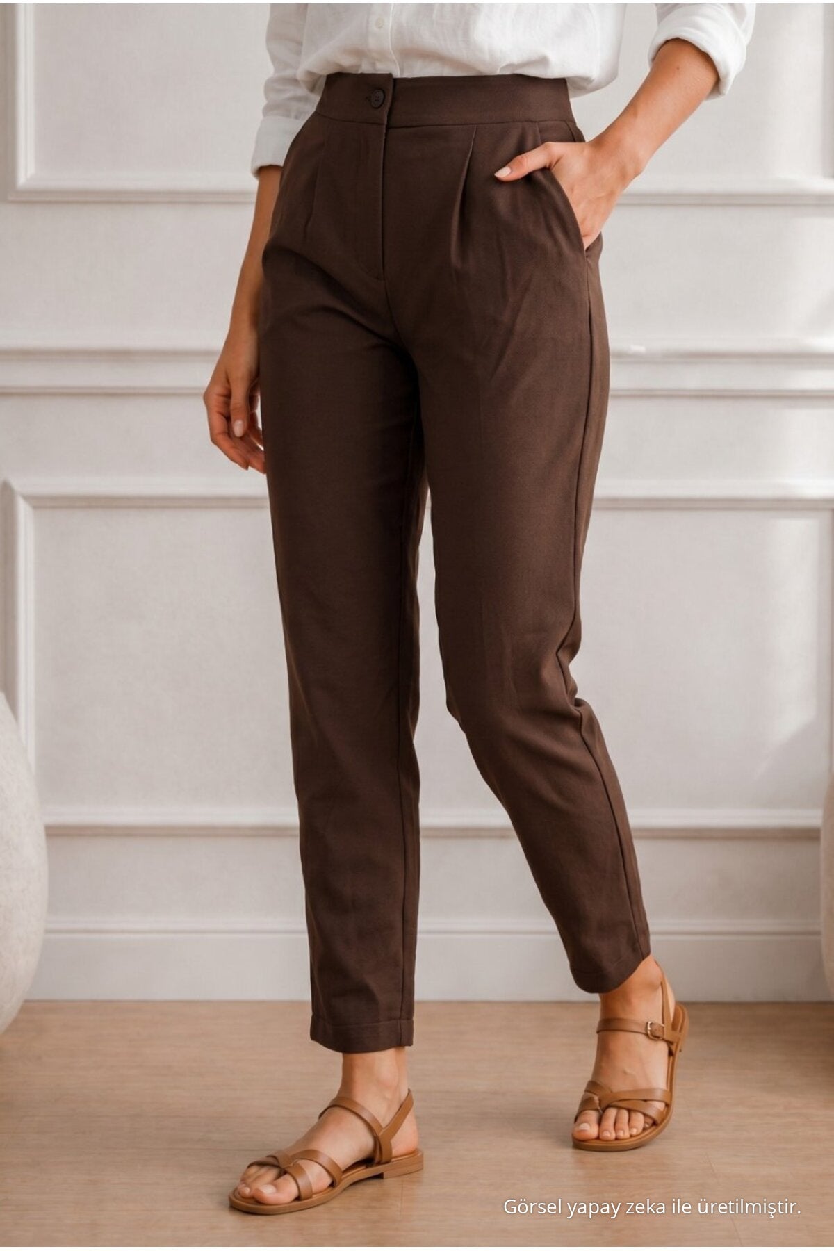 Women's High Waist Lycra/Stretch Carrot Cut Fabric Trousers COFFEE - MALLTURK