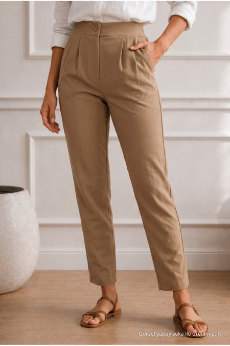Women's High Waist Lycra/Stretch Carrot Cut Fabric Trousers, Tan - MALLTURK