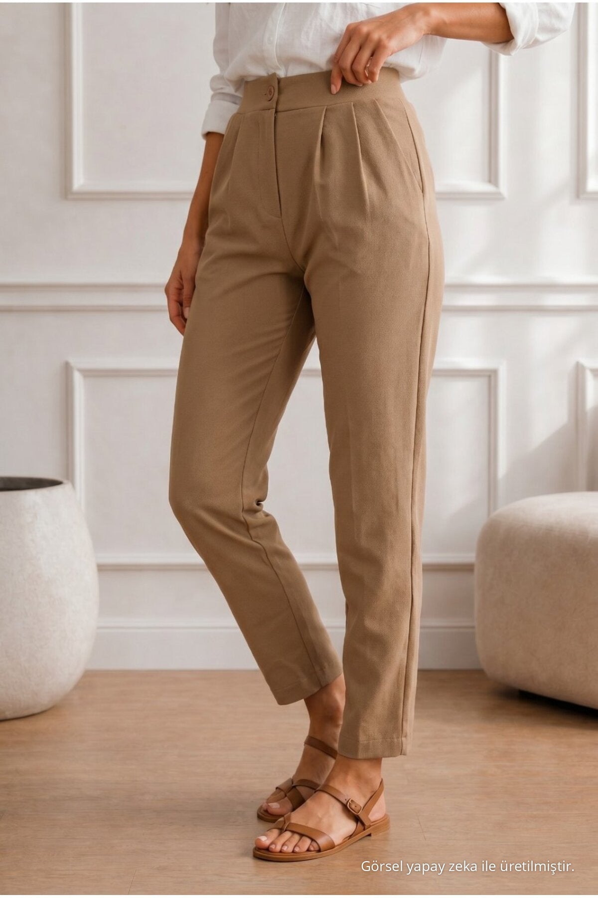 Women's High Waist Lycra/Stretch Carrot Cut Fabric Trousers, Tan - MALLTURK
