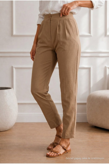 Women's High Waist Lycra/Stretch Carrot Cut Fabric Trousers, Tan - MALLTURK