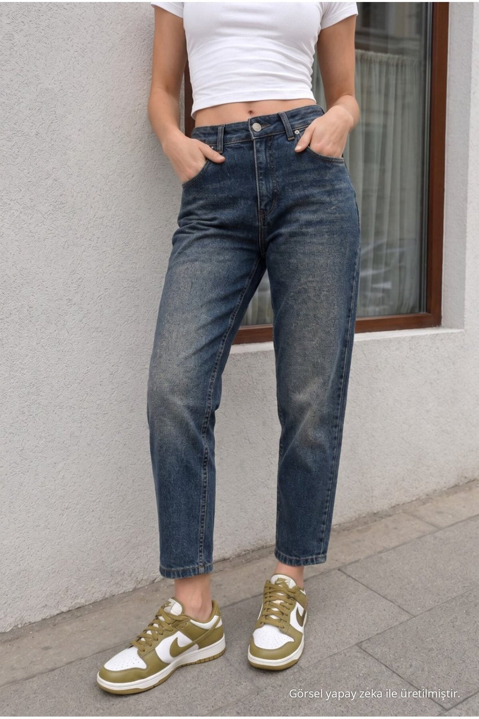 Women's High Waist Stretch Denim Mom Fit Jean-Effect Navy Blue - MALLTURK