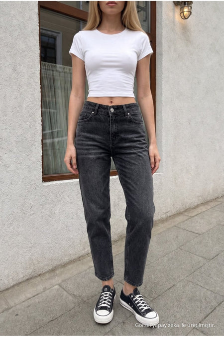 Women's High Waist Stretch Denim Mom Fit Jeans Black - MALLTURK