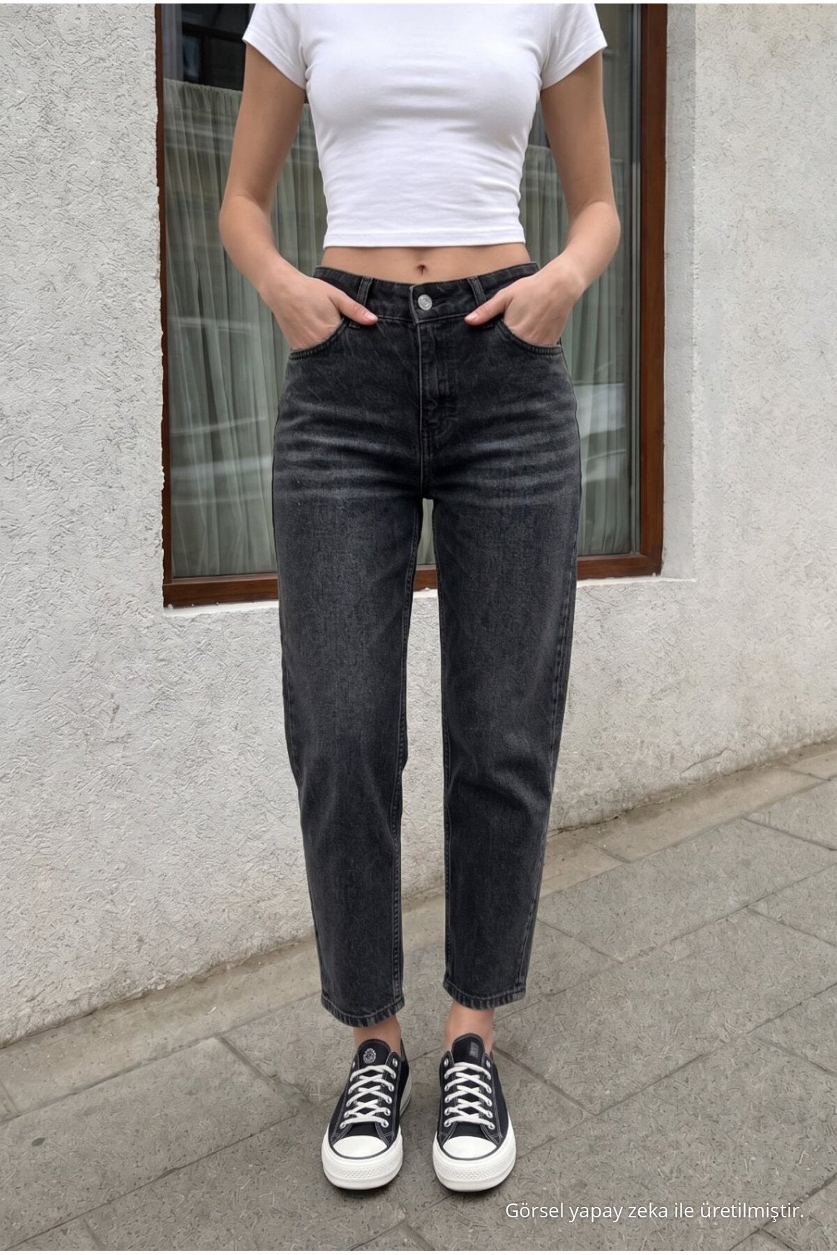 Women's High Waist Stretch Denim Mom Fit Jeans Black - MALLTURK