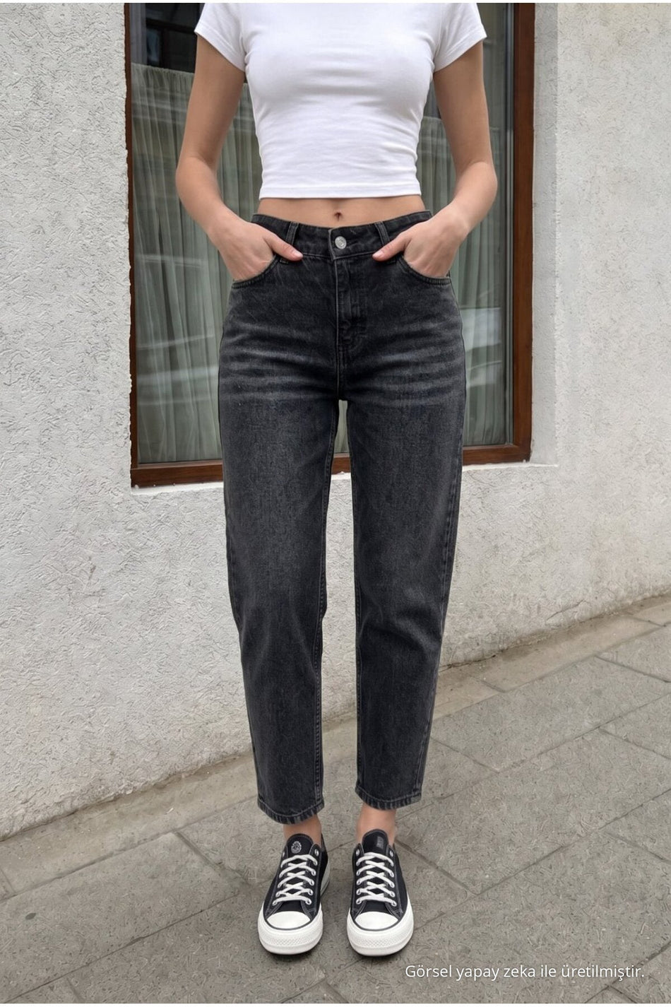 Women's High Waist Stretch Denim Mom Fit Jeans in Black Effect - MALLTURK