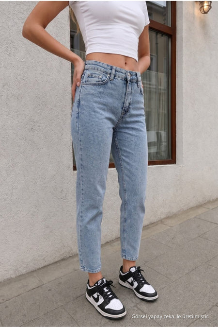 Women's High Waist Stretch Denim Mom Fit Jeans Light Blue - MALLTURK
