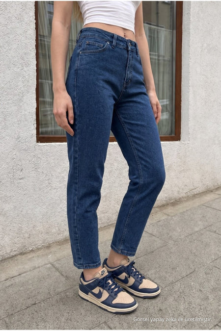 Women's High Waist Stretch Denim Mom Fit Jeans Navy Blue - MALLTURK