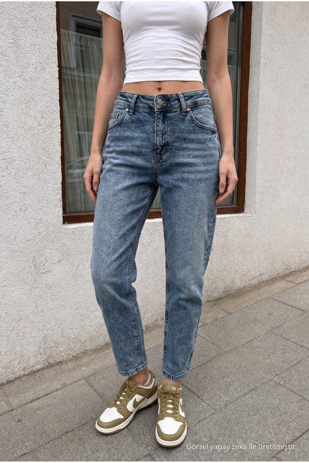 Women's High Waist Stretch Denim Mom Fit Jeans, Sky Blue - MALLTURK