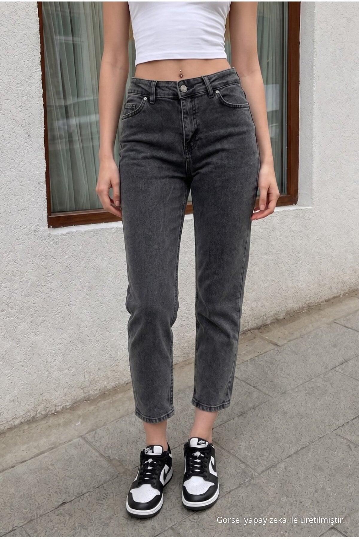 Women's High Waist Stretch Denim Mom Fit Jeans Smoke Grey - MALLTURK