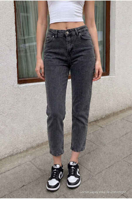 Women's High Waist Stretch Denim Mom Fit Jeans Smoke Grey - MALLTURK