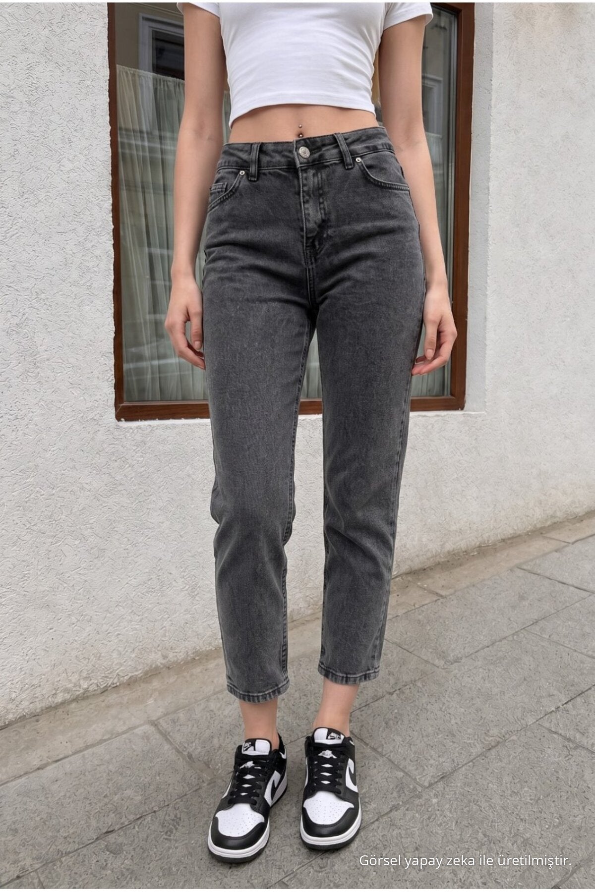 Women's High Waist Stretch Denim Mom Fit Jeans Smoke Grey - MALLTURK