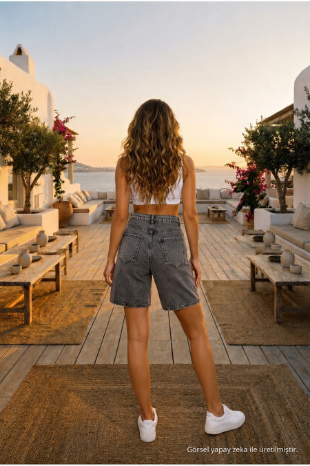 Women's High-Waisted, 5-Pocket, Relaxed Fit Denim Shorts, Dark Gray - MALLTURK