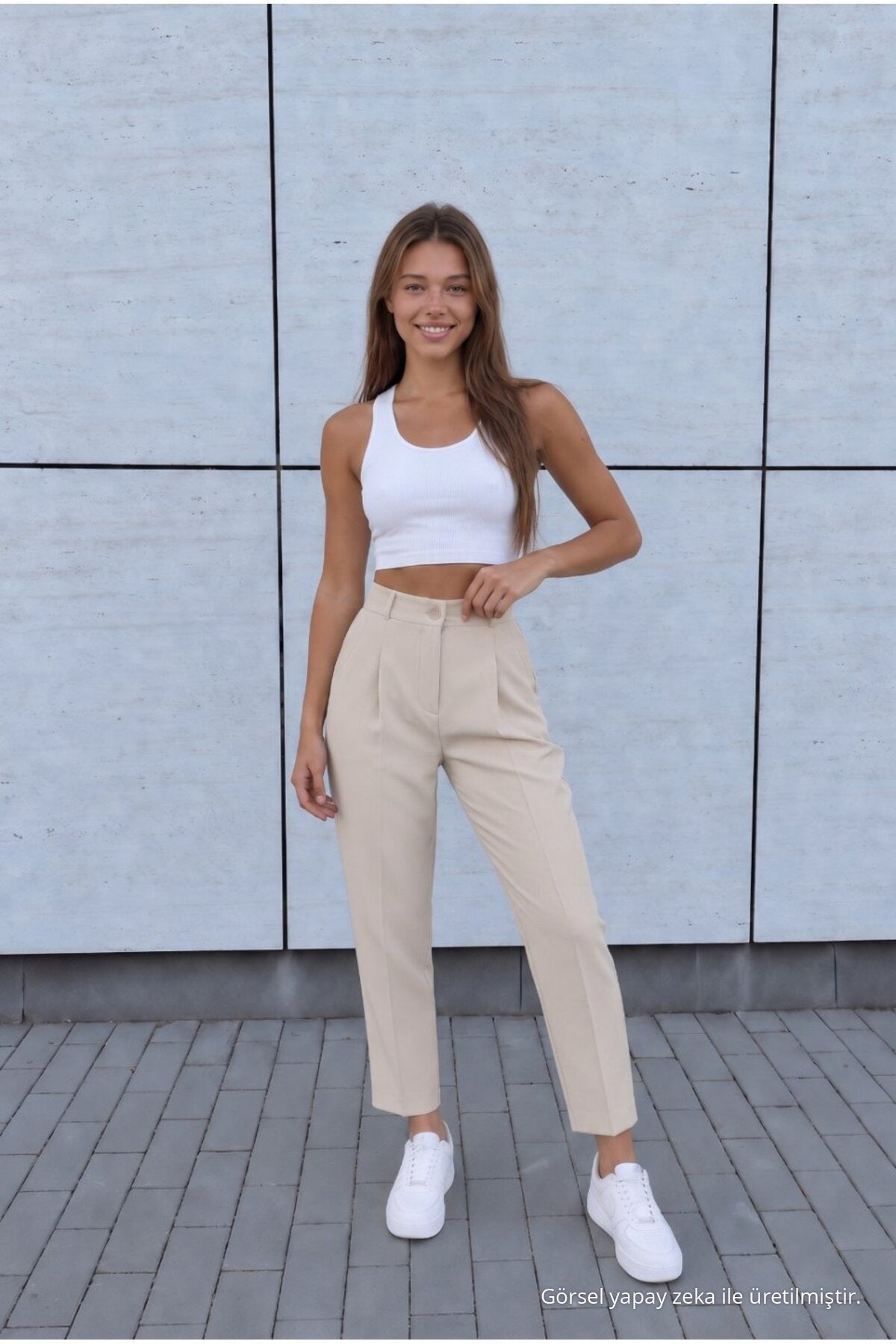 Women's High-Waisted Carrot-Cut Dart Fabric Trousers, Beige - MALLTURK