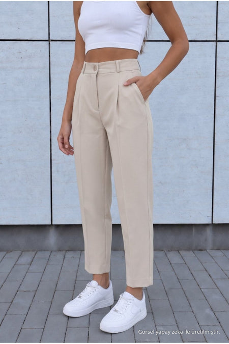 Women's High-Waisted Carrot-Cut Dart Fabric Trousers, Beige - MALLTURK