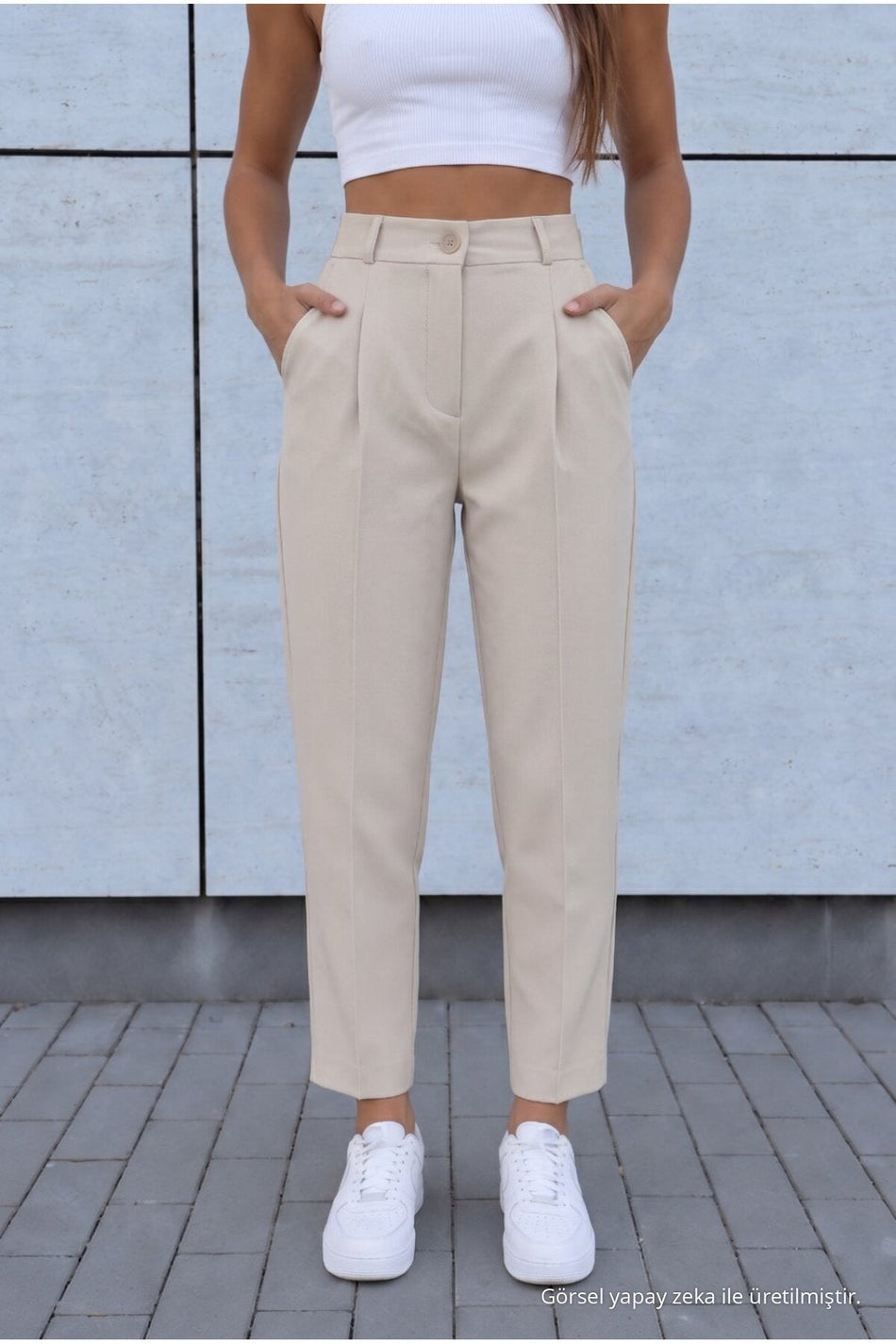 Women's High-Waisted Carrot-Cut Dart Fabric Trousers, Beige - MALLTURK