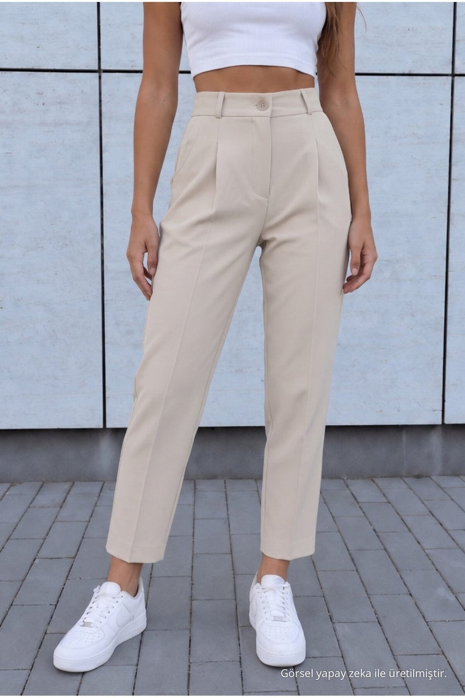 Women's High-Waisted Carrot-Cut Dart Fabric Trousers, Beige - MALLTURK
