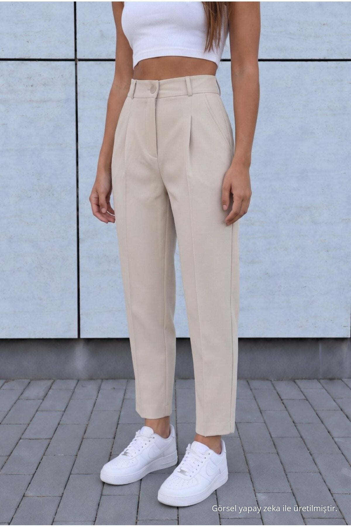 Women's High-Waisted Carrot-Cut Dart Fabric Trousers, Beige - MALLTURK