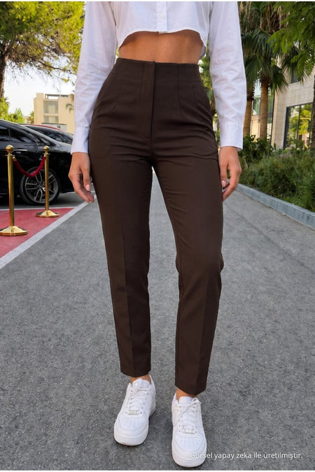 Women's High-Waisted Darted Fabric Trousers, BROWN - MALLTURK