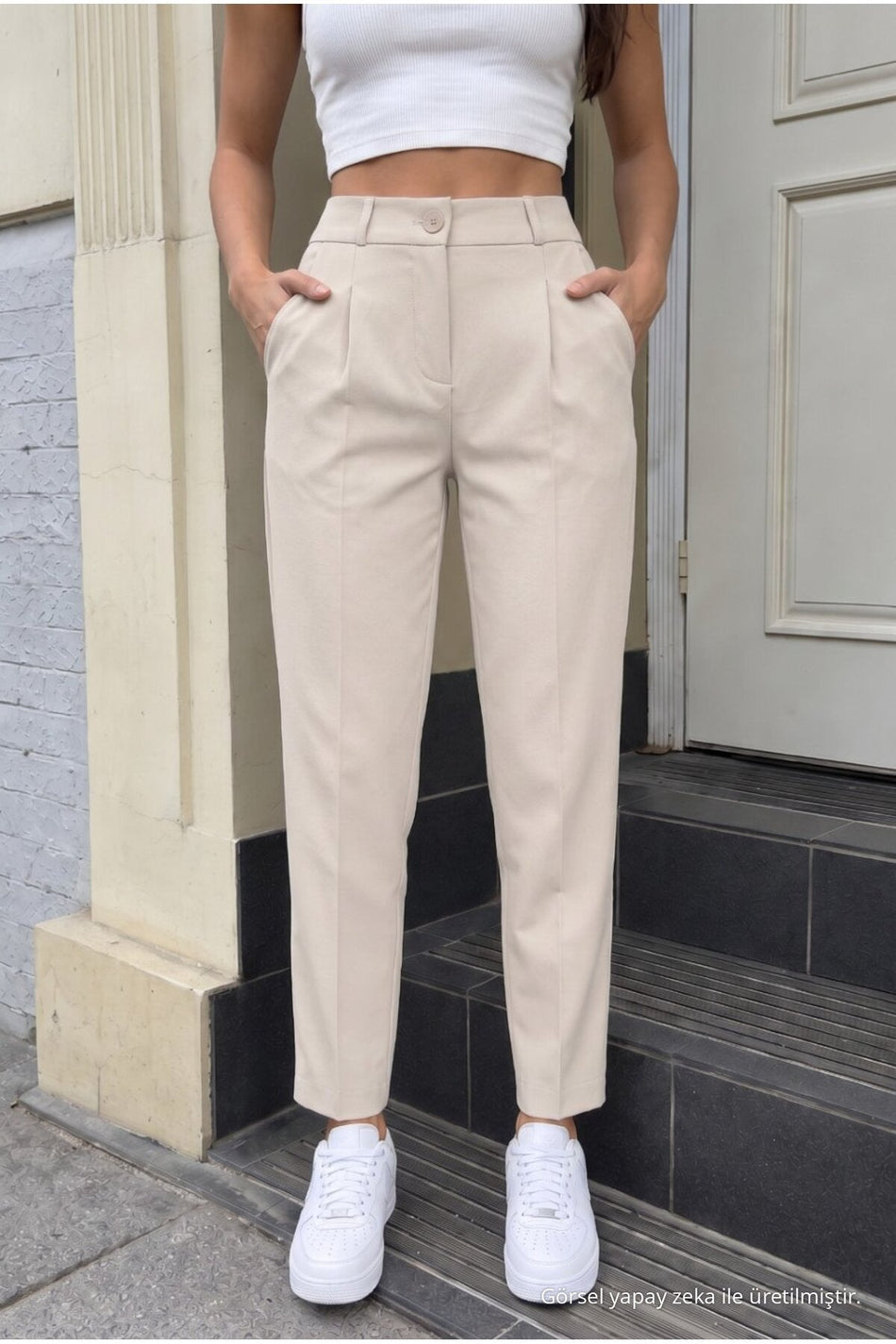Women's High-Waisted Elasticated Carrot Cut Dart Trousers, Beige - MALLTURK