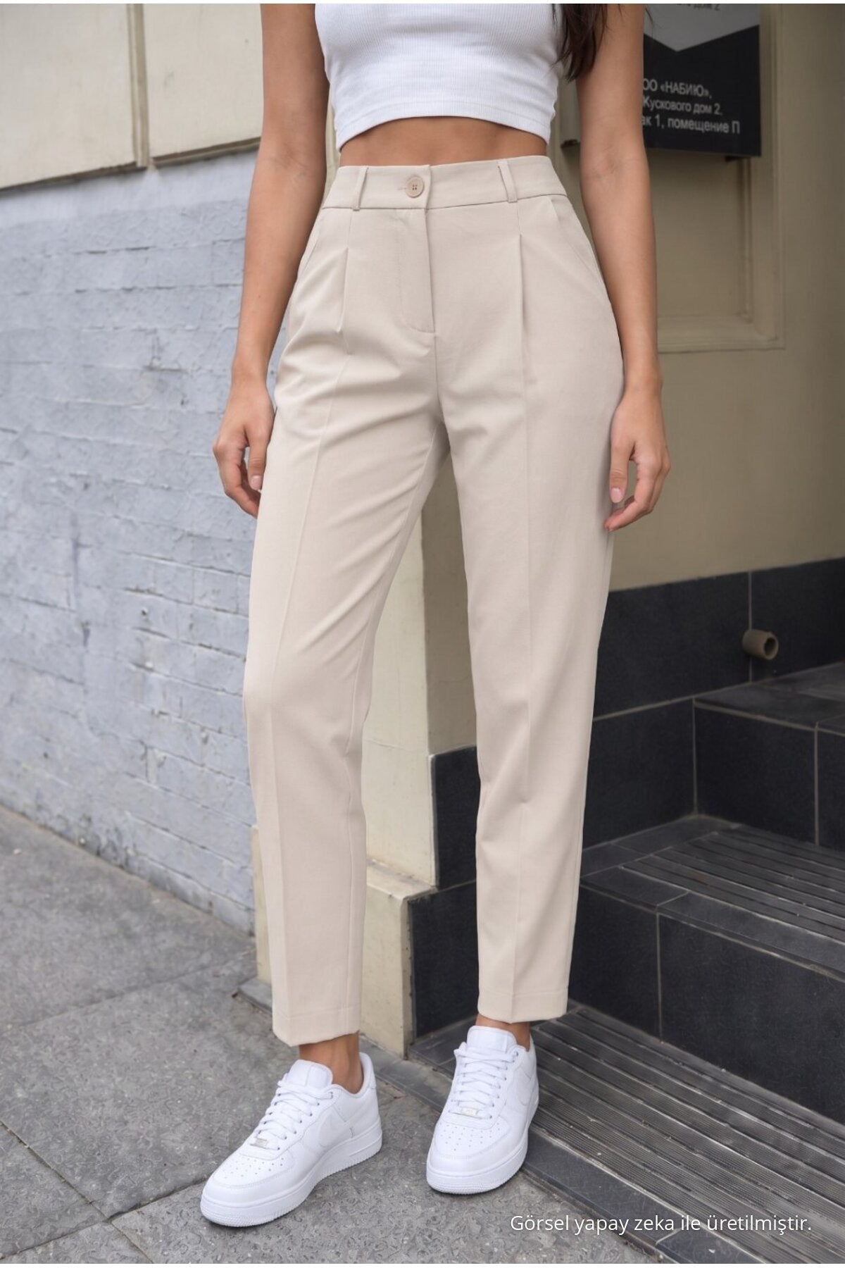 Women's High-Waisted Elasticated Carrot Cut Dart Trousers, Beige - MALLTURK